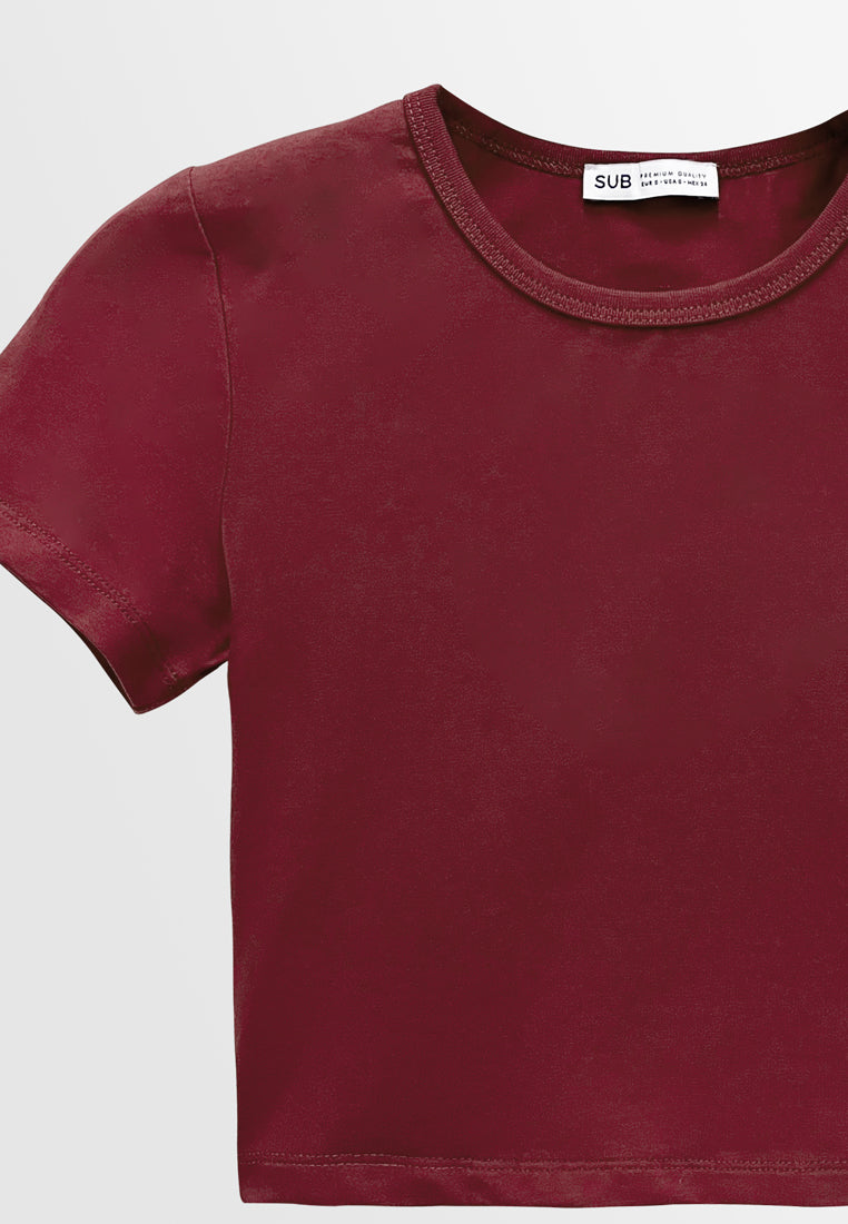 Women Short-Sleeve Crop Top Tee - Dark Red - M3W848