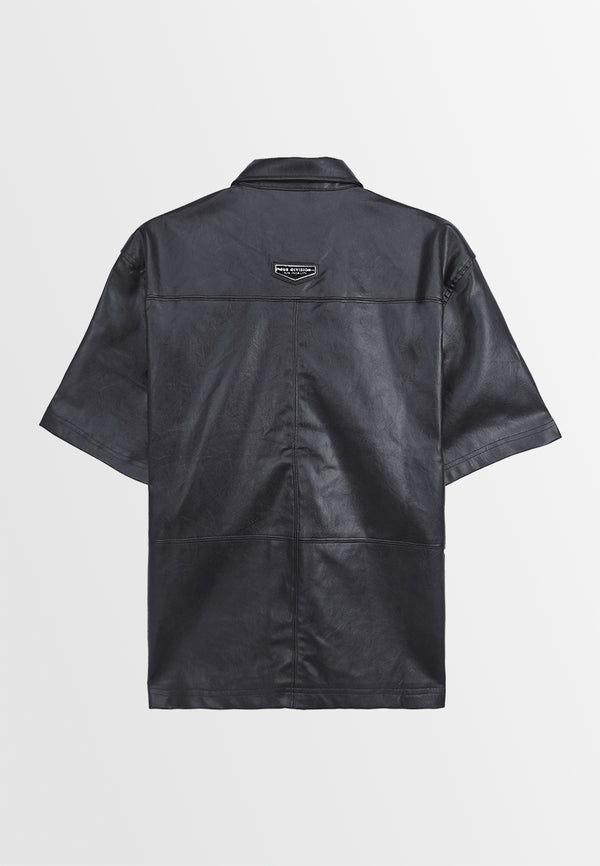 Men Short-Sleeve Leather Shirt - Black - M3M888