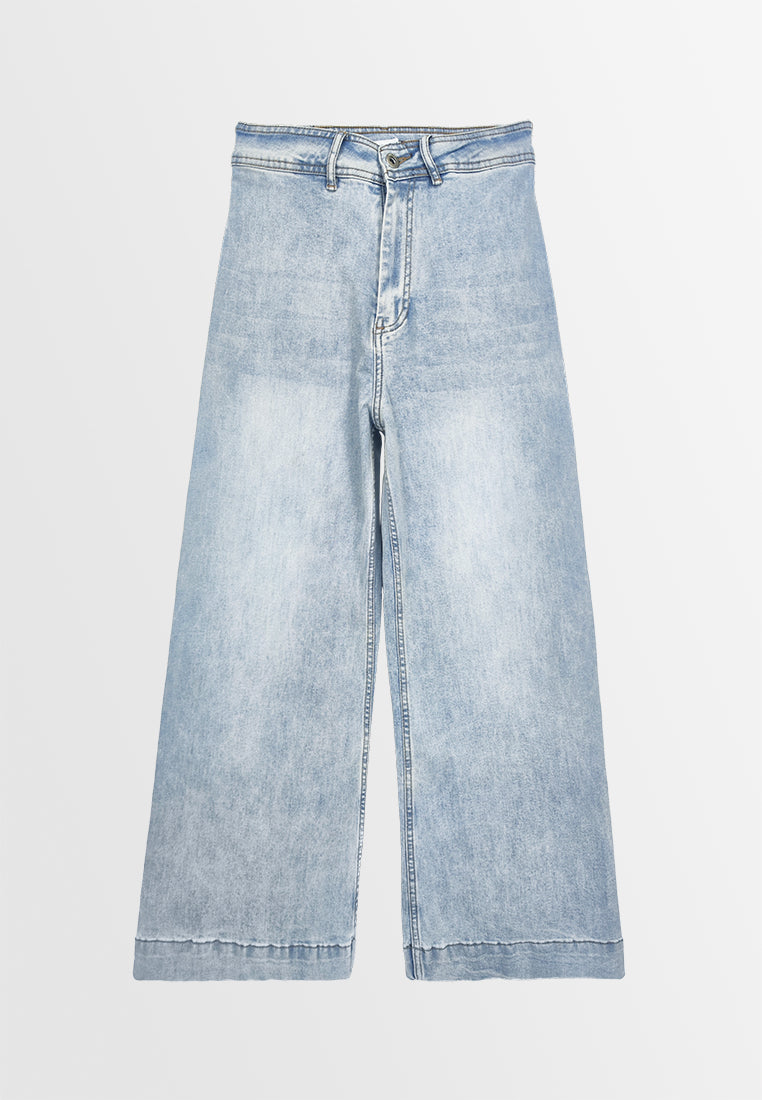 Women Wide Leg Long Jeans - Light Blue - 410049