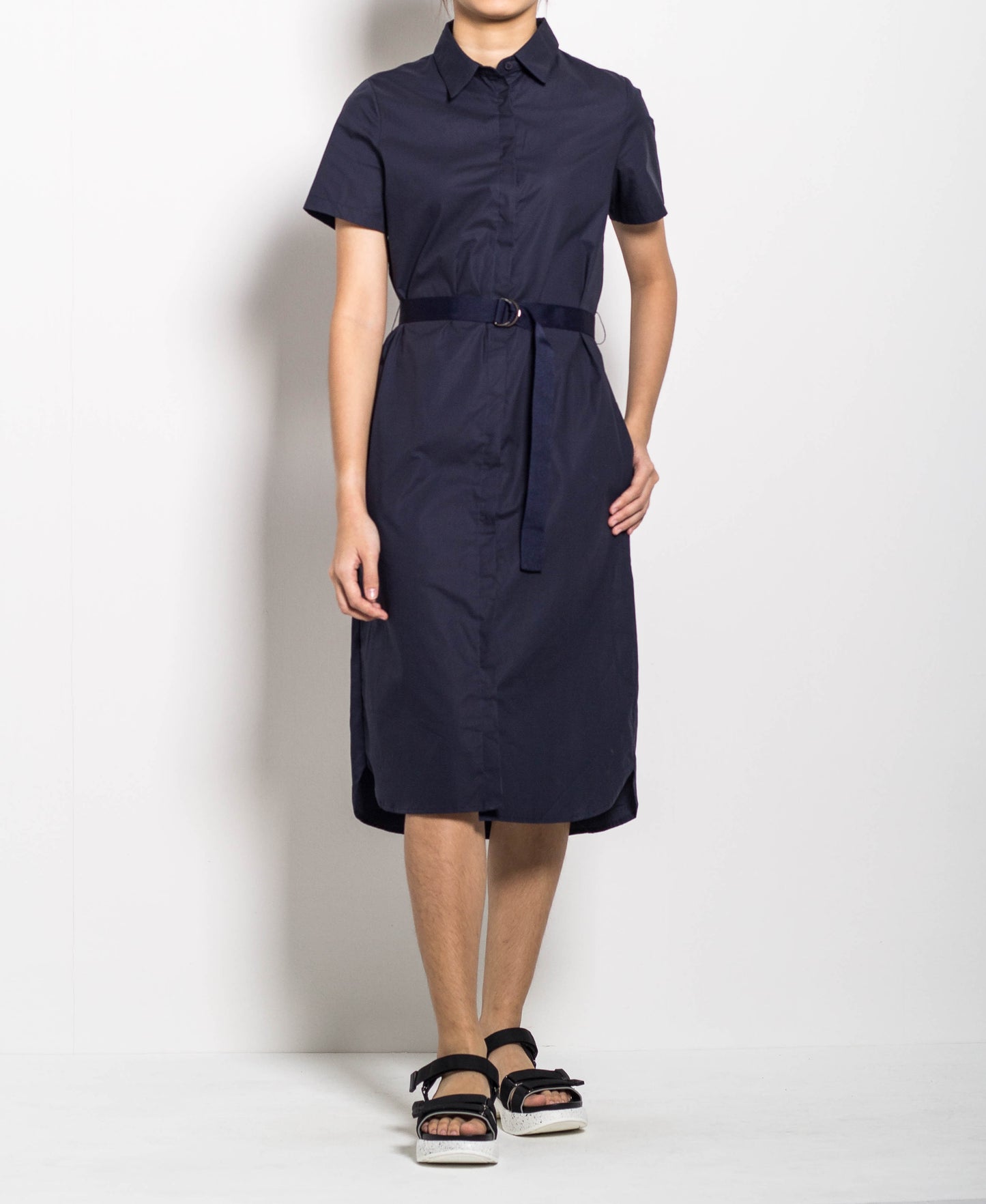 Women Long Shirt Dress With Belt - Navy - H0W740
