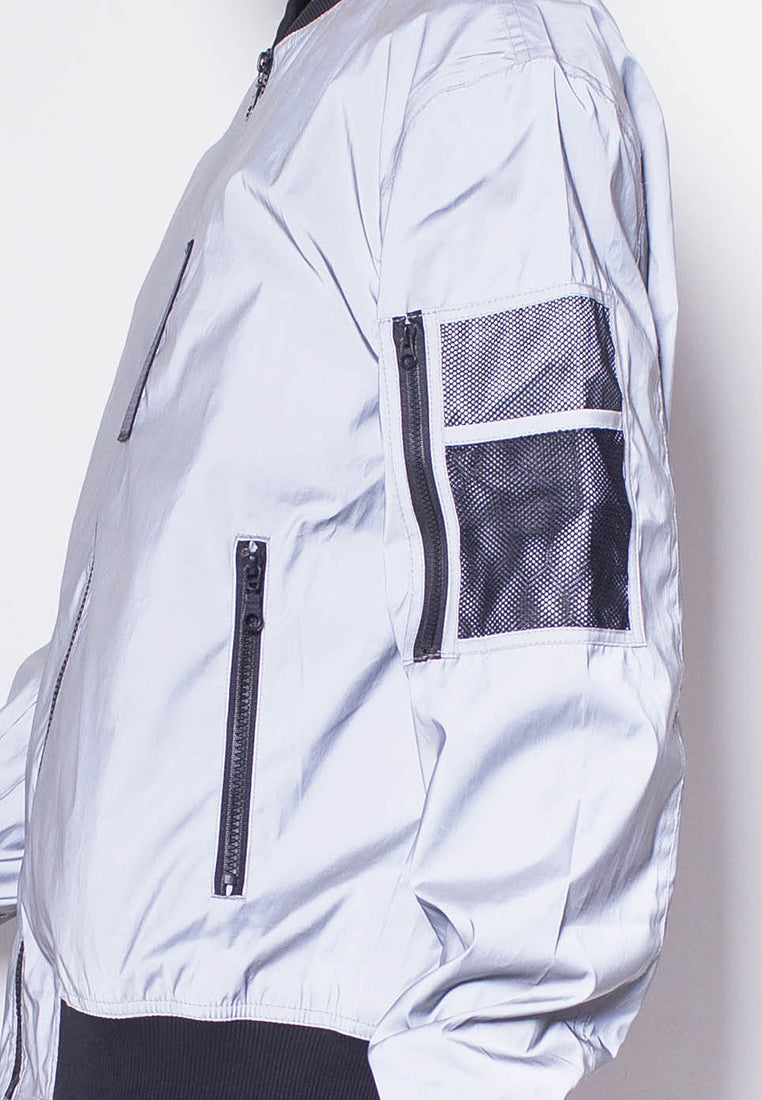 Men Reflective Bomber Jacket - Grey - H0M698