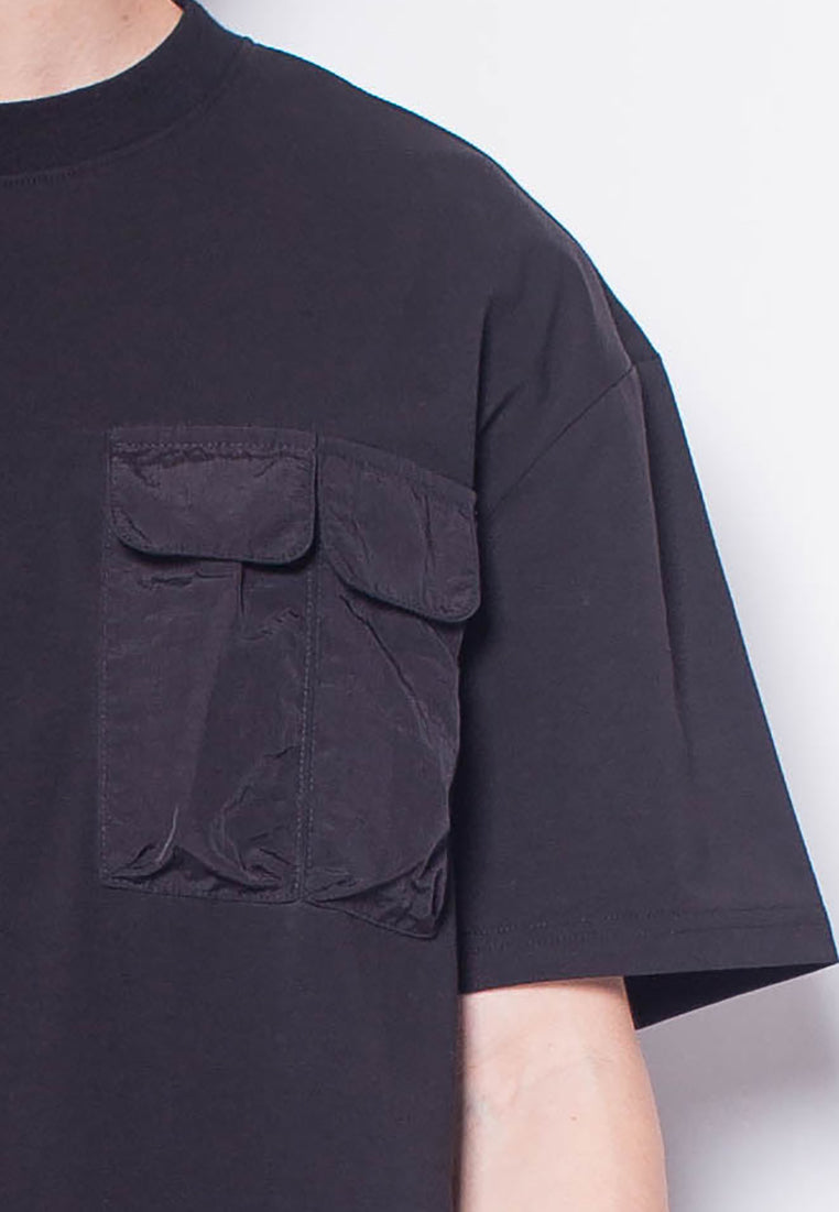 Men Short-Sleeve Woven Flap Pocket Fashion Tee - BLACK - H0M692