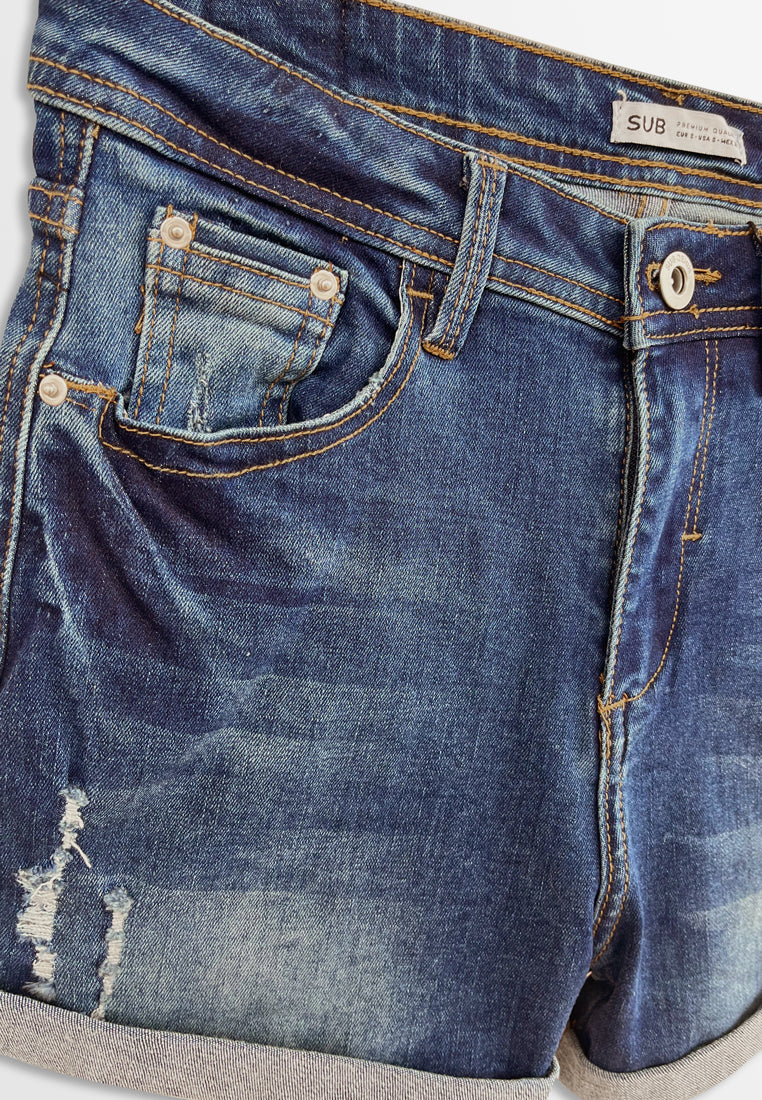 Women Ripped Short Jeans - Dark Blue - F2W378