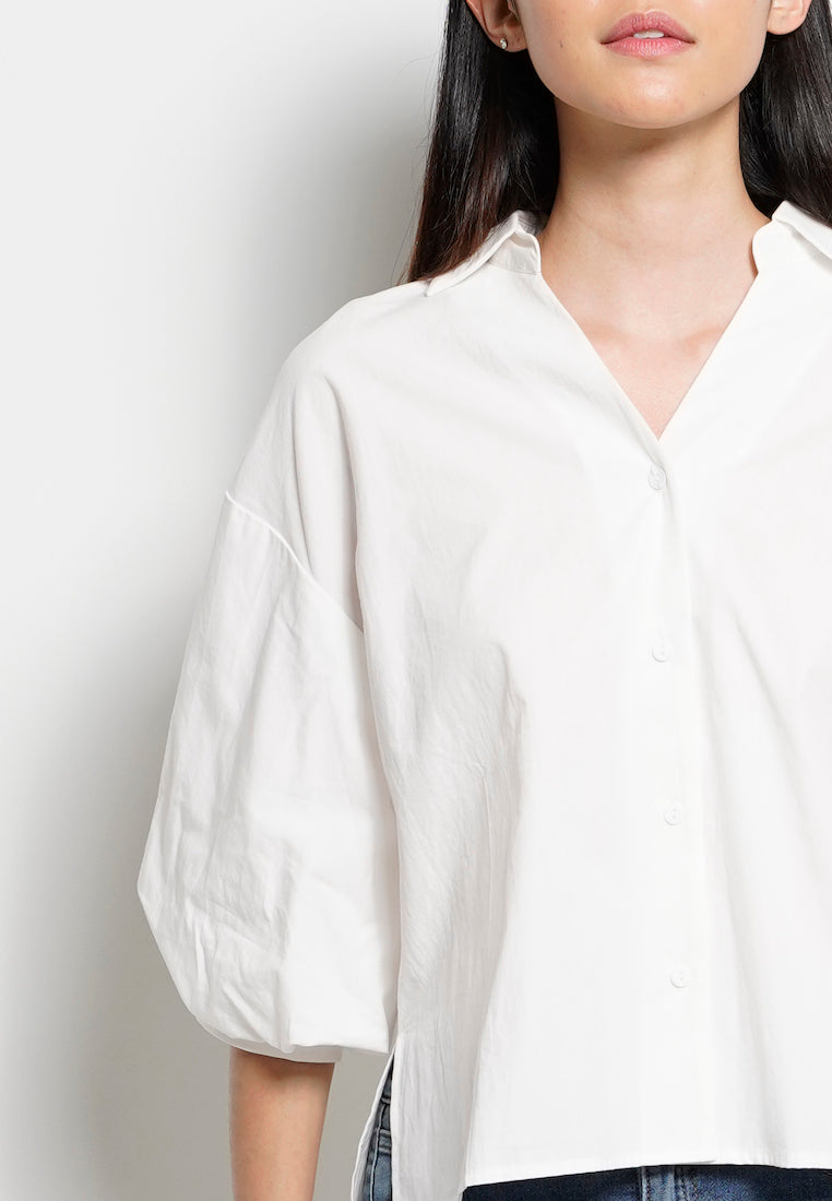 Women Bishop Sleeve Blouse - White - H0W832