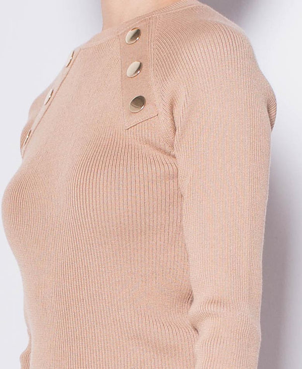 Women Golden Buttons Long-Sleeve Knit Top - Khaki - H0W763