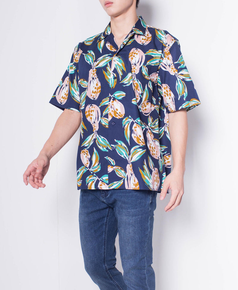 Men Short-Sleeve Camp Collar Printed Cotton-Voile Shirt - Navy - H0M750