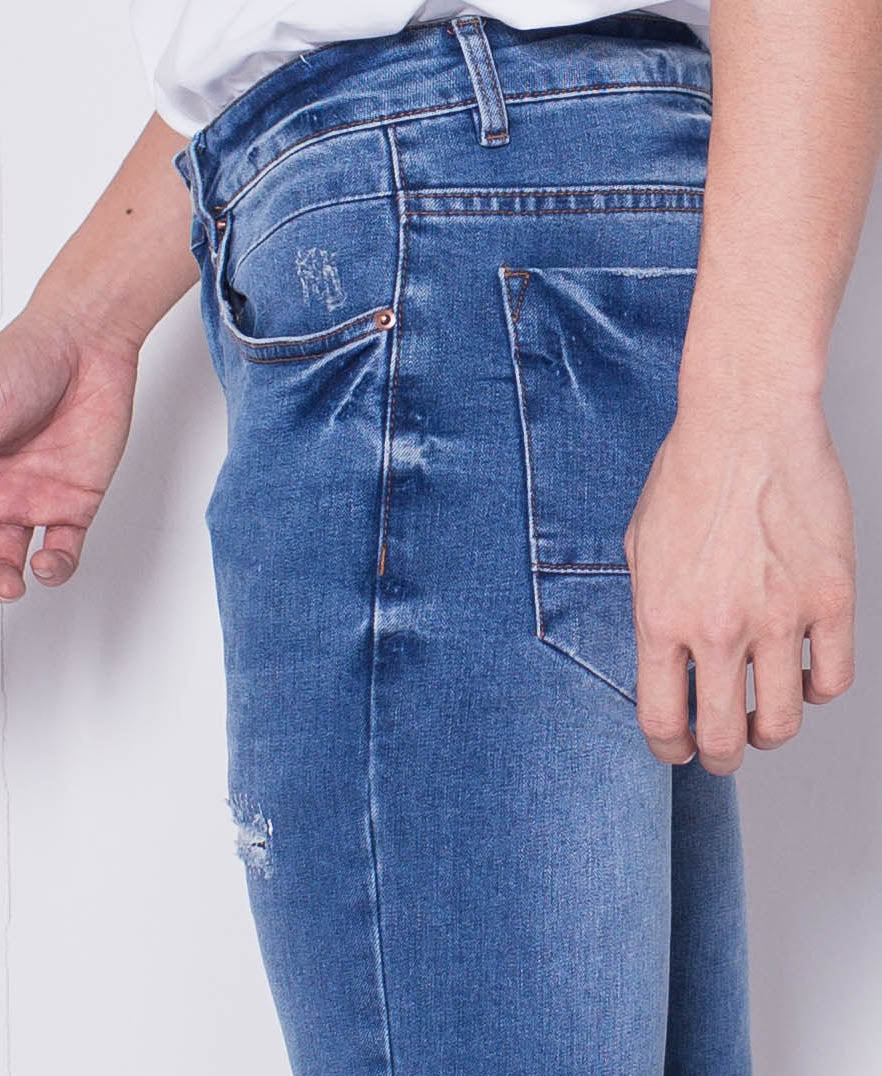 Men Skinny Ripped Long Jeans - BLUE - H0M704