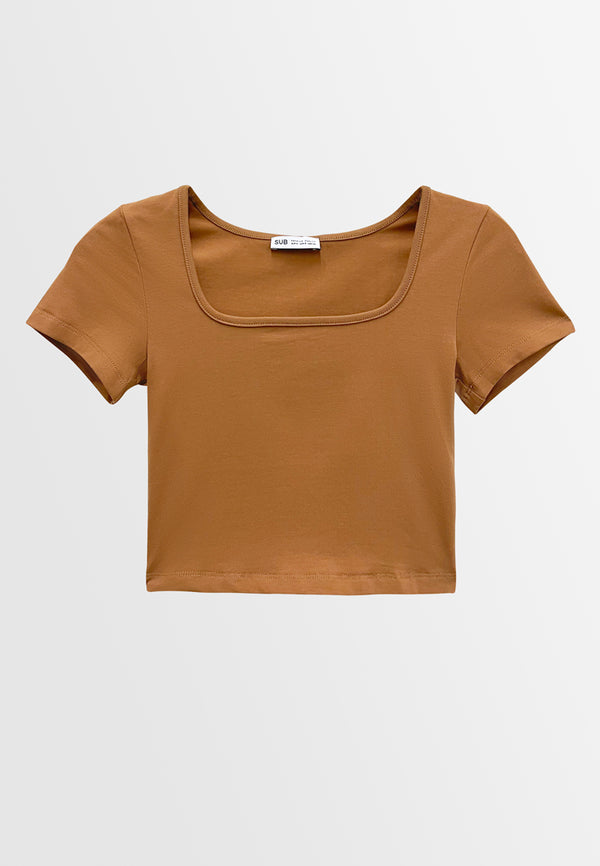 Women Short-Sleeve Crop Top Tee - Dark Khaki - M3W846