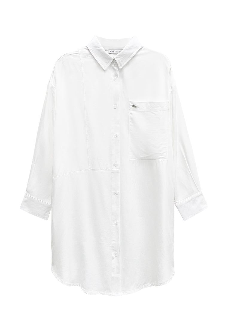 Women Long-Sleeve Shirt Dress - White - S3W652