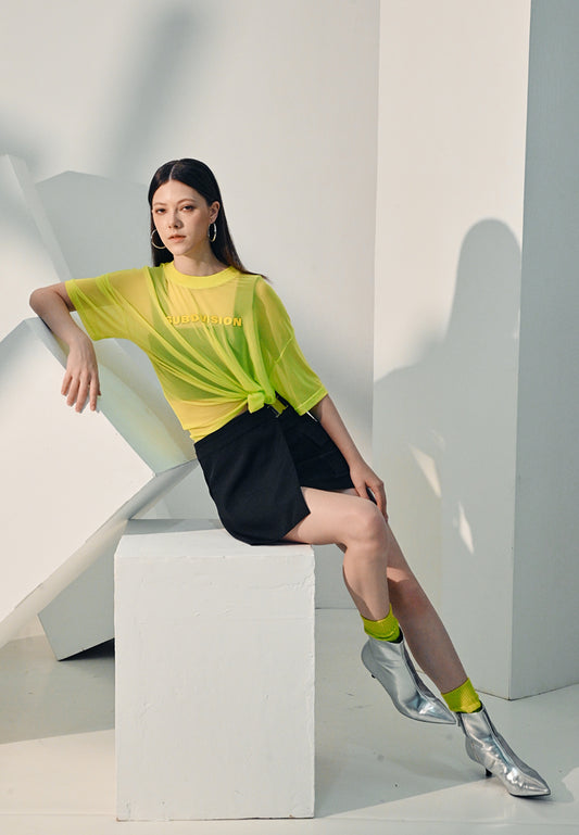 Women Oversized Sheer Mesh Fashion Tee - Light Green - 410270
