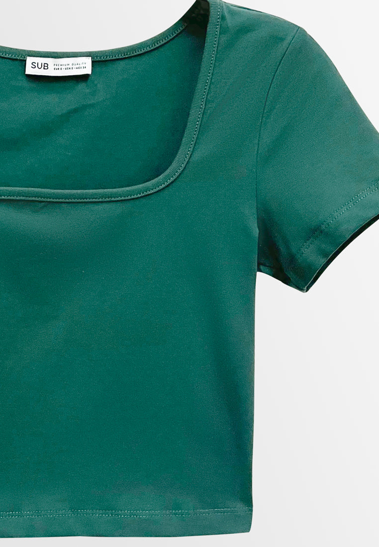 Women Short-Sleeve Crop Top Tee - Dark Green - M3W845