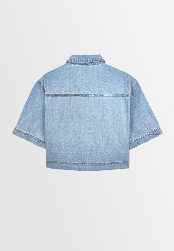 Women Crop Denim Shirt - Light Blue - 410054