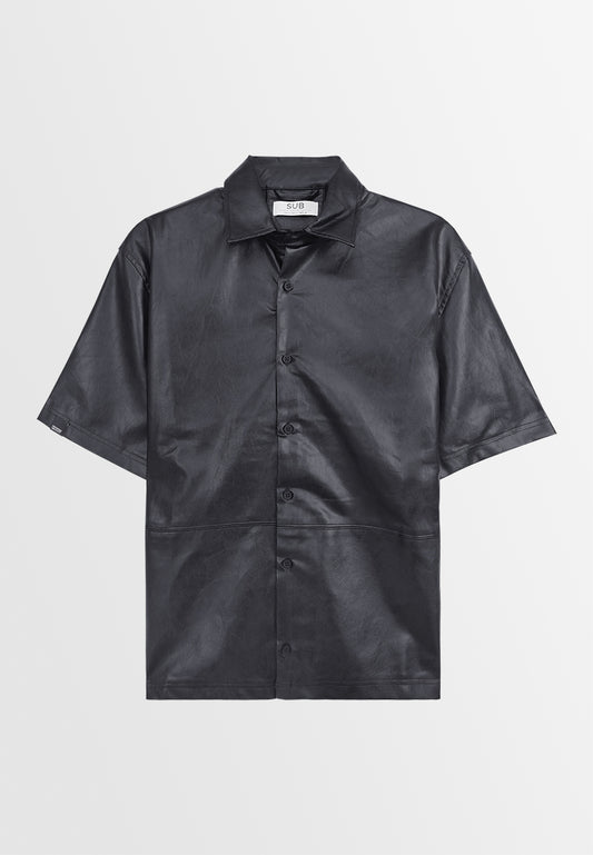 Men Short-Sleeve Leather Shirt - Black - M3M888