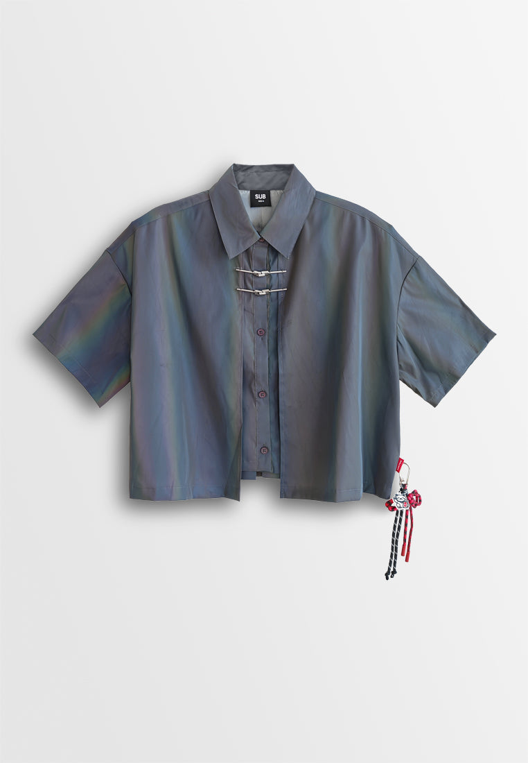 Women Oversized Short-Sleeve Shirt - Dark Grey - 510233