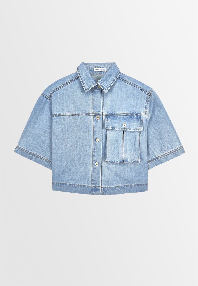 Women Crop Denim Shirt - Light Blue - 410054