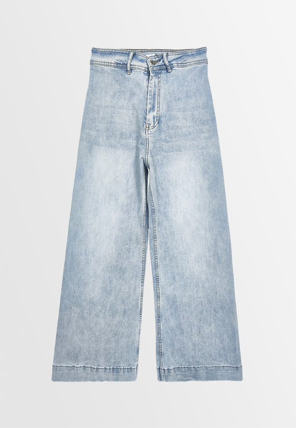 Women Wide Leg Long Jeans - Light Blue - 410049