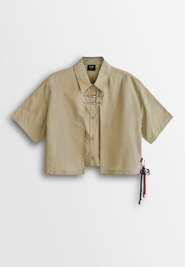 Women Oversized Short-Sleeve Shirt - Khaki - 510232