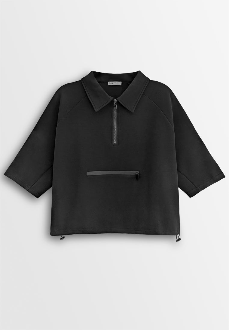 Women Oversized Polo Tee - Black - 610333