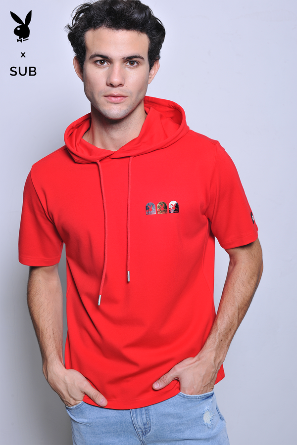Playboy x SUB Men Short Sleeve Oversized Sweatshirt Hoodies - Red - H2M774