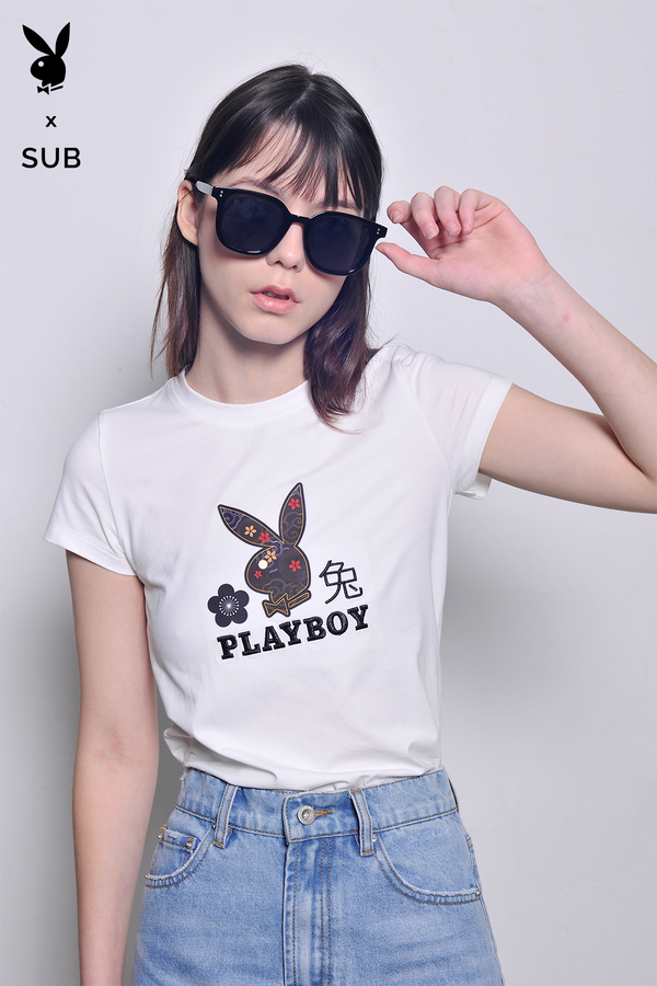 Playboy x SUB Women Short Sleeve Graphic Tee - White - H2W730