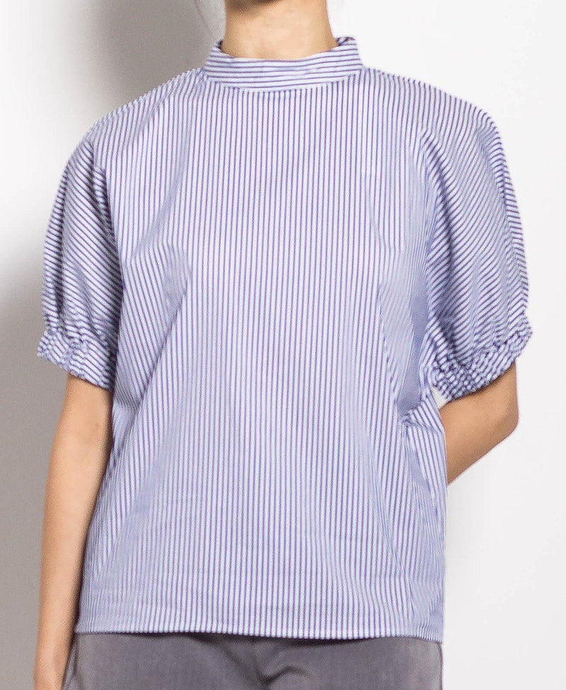 Women Short Sleeve Stripe Puff Sleeve Blouse - Blue - H0W736