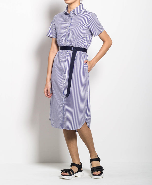 Women Stripe Long Shirt Dress With Belt - Blue - H0W739