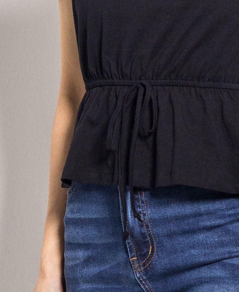 Women Peplum Short Sleeve Blouse - Black - H0W732