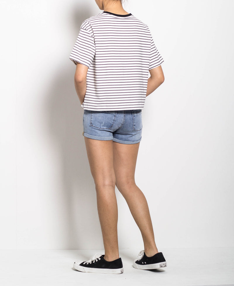 Women Short Sleeve Stripe Tee - White - H0W784