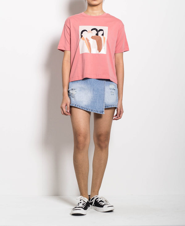 Women Short-Sleeve Loose Cut Graphic Tee - Pink - H0W779
