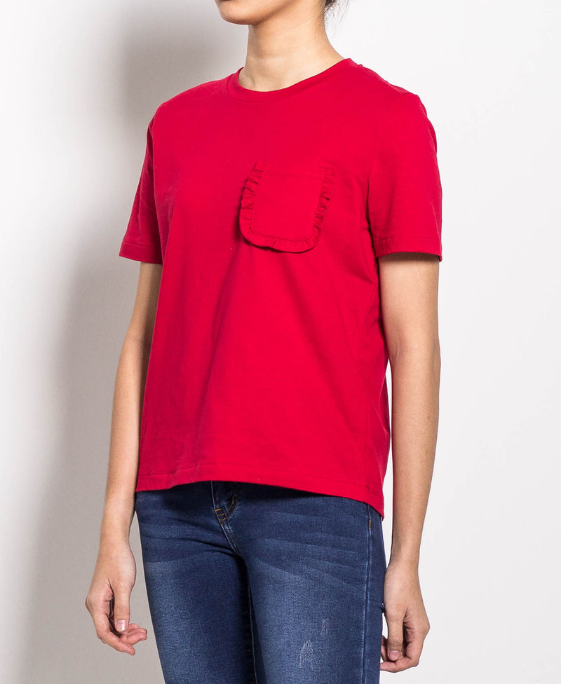 Women Short Sleeve Basic Tee With Pocket - Red - H0W904