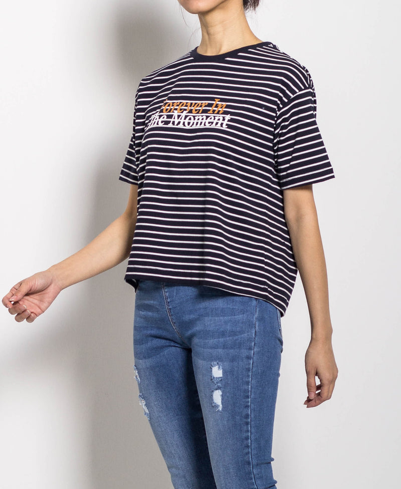 Women Short Sleeve Stripe Tee - Navy - H0W785