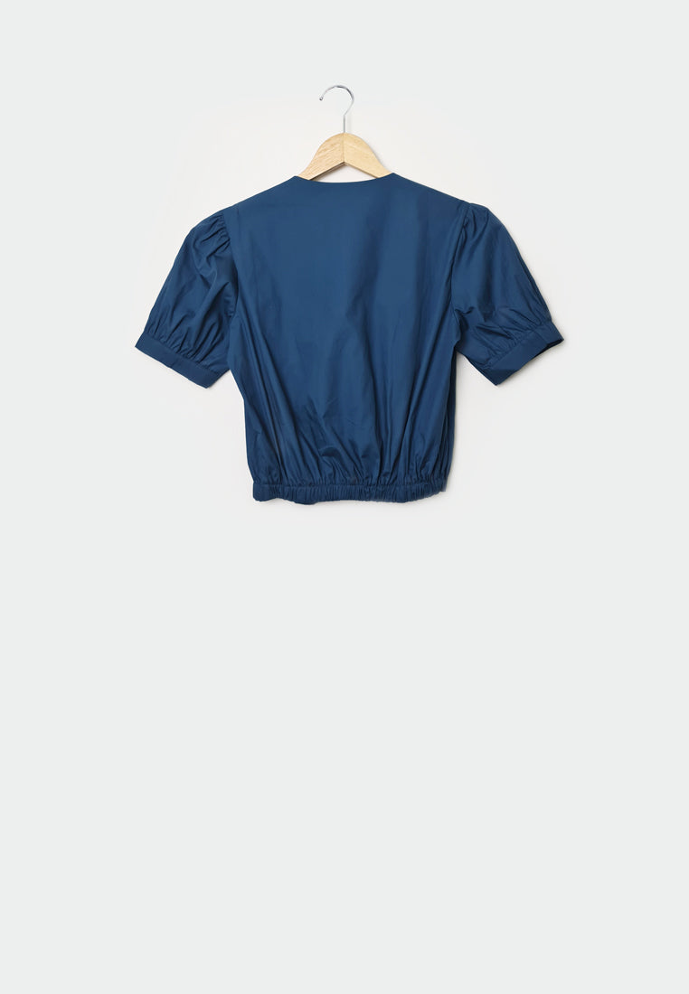 Women Woven Short-Sleeve Blouse - Blue - F1W169
