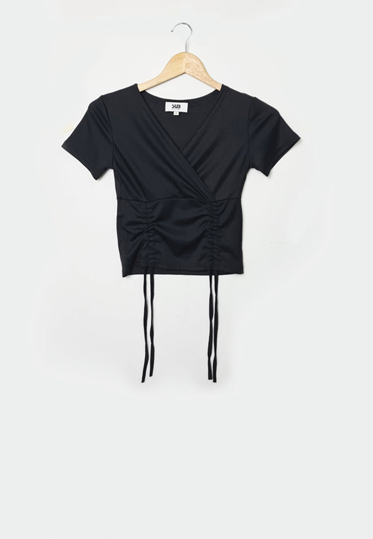 Women Short-Sleeve V Neck Blouse - Black - F1W167