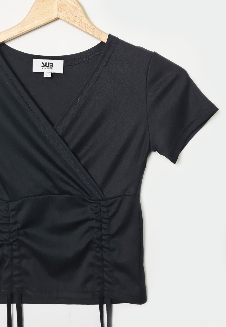 Women Short-Sleeve V Neck Blouse - Black - F1W167