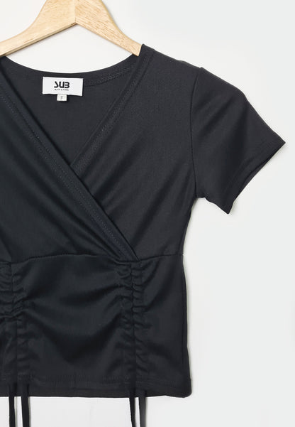 Women Short-Sleeve V Neck Blouse - Black - F1W167