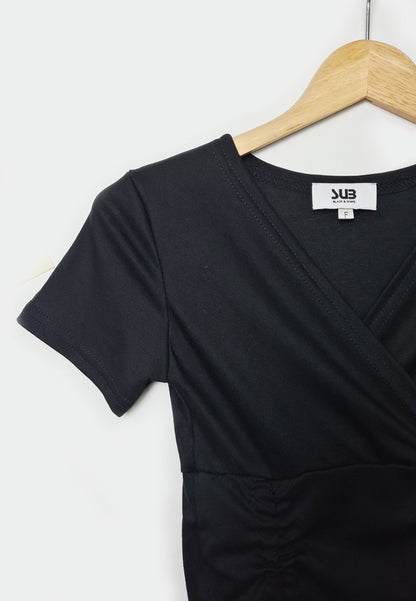 Women Short-Sleeve V Neck Blouse - Black - F1W167