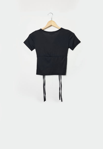 Women Short-Sleeve V Neck Blouse - Black - F1W167