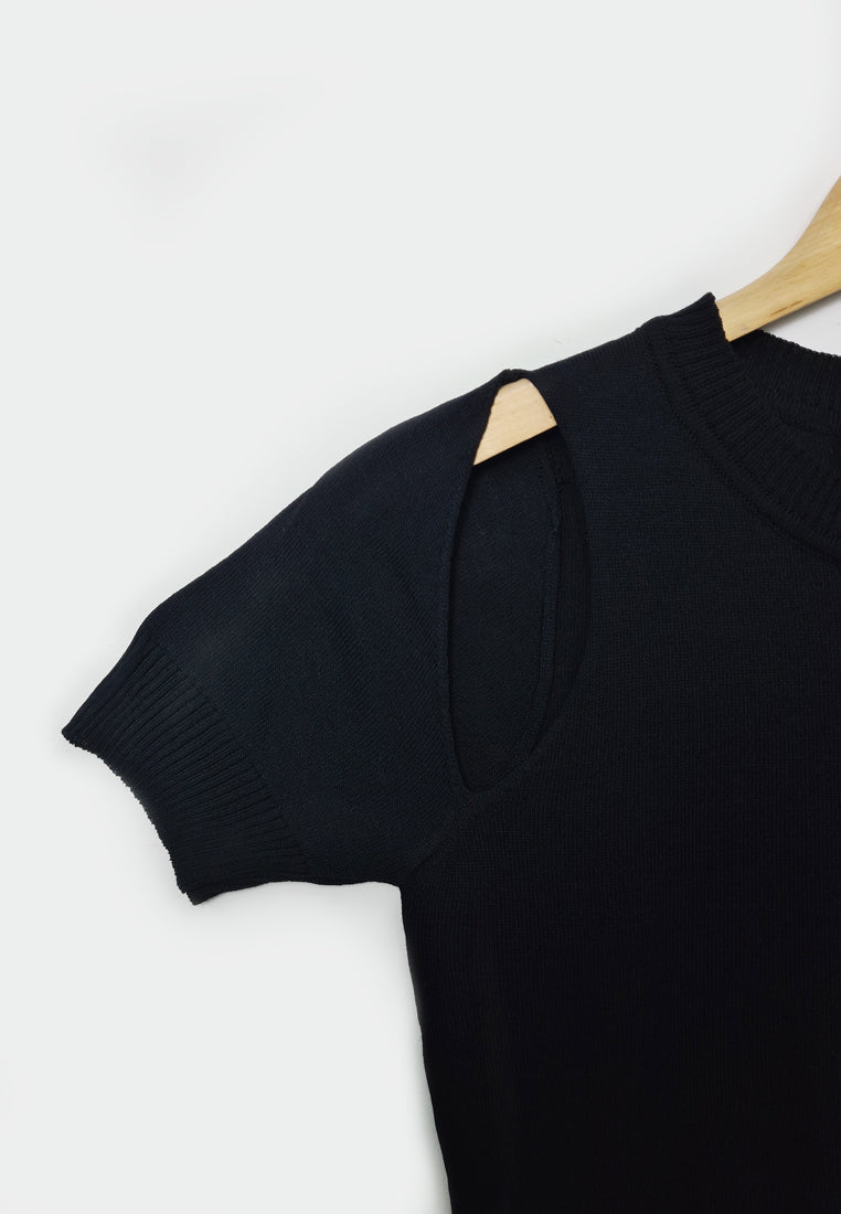 Women Cold Shoulder Short-Sleeve Blouse - Black - F1W168
