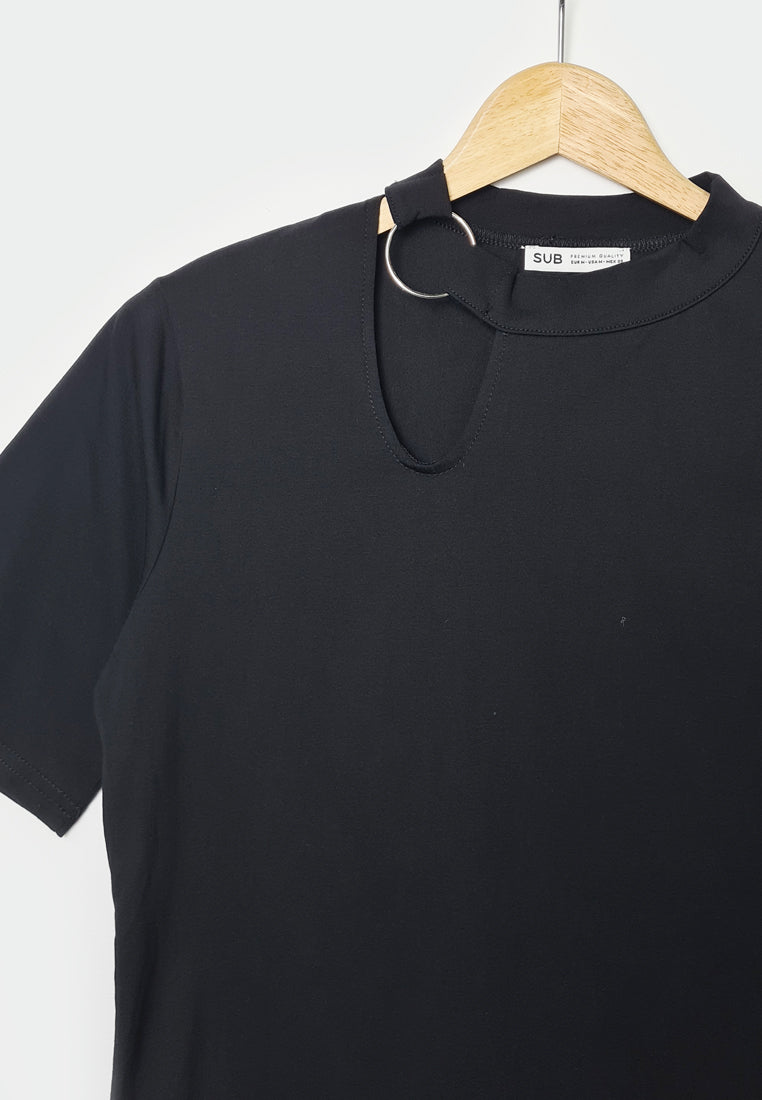 Women Short-Sleeve Blouse With O Ring - Black - F1W180
