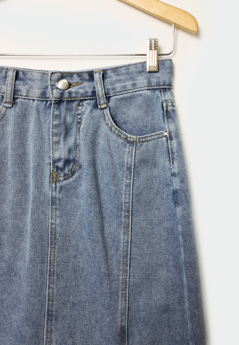 Women Denim Skirt With Slit - Blue - F1W171