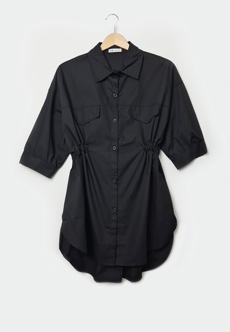 Women Short-Sleeve Shirt Dress - Black - F1W173