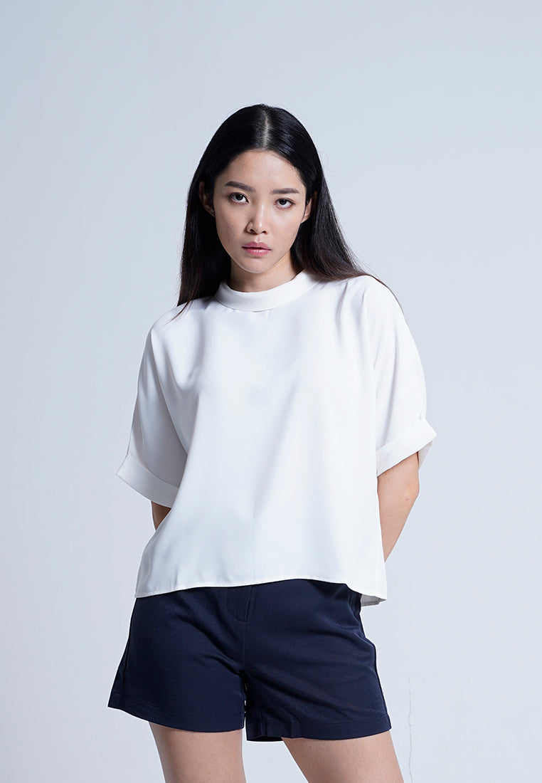Women Rolled Collared Blouse - White - M0W448