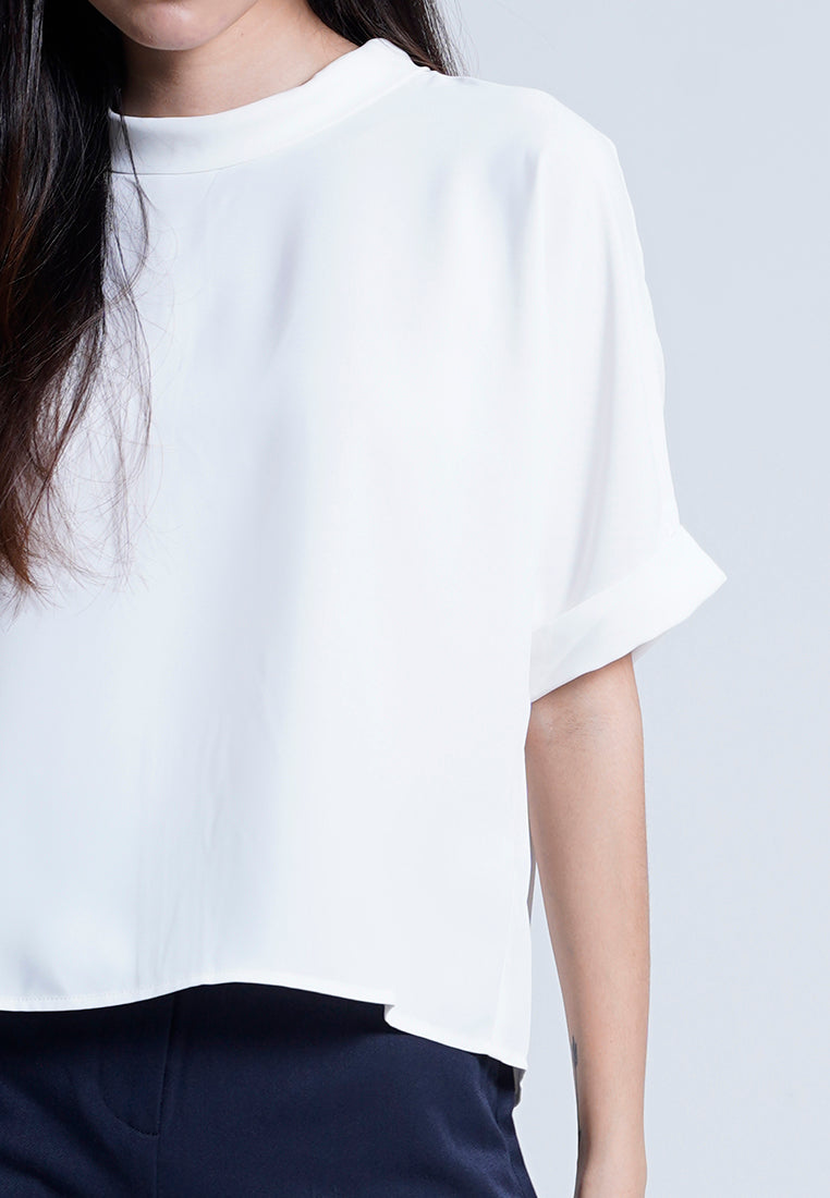 Women Rolled Collared Blouse - White - M0W448