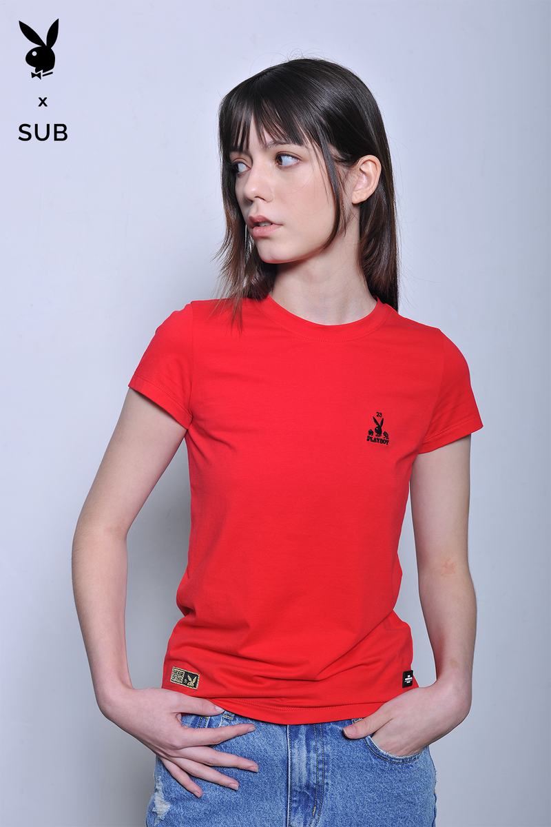 Playboy x SUB Women Short Sleeve Graphic Tee - Red - H2W731