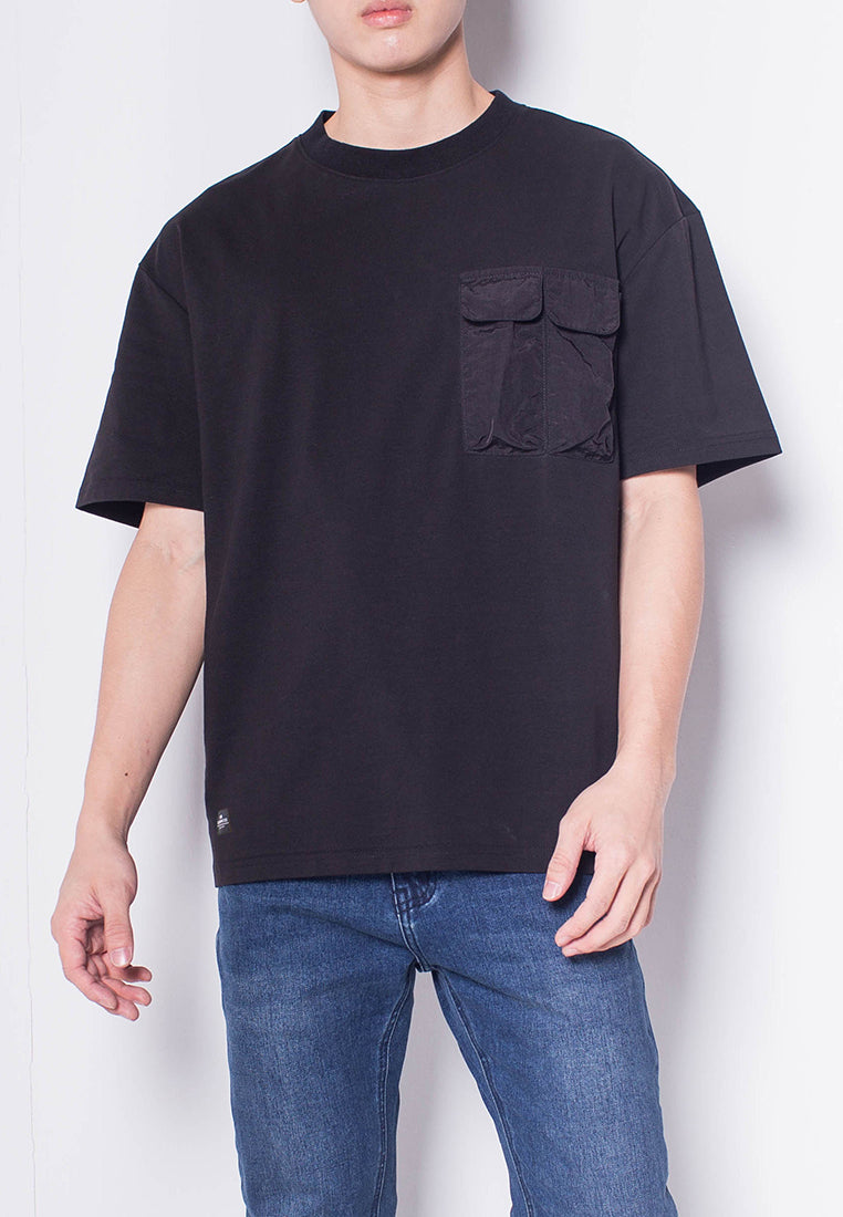 Men Short-Sleeve Woven Flap Pocket Fashion Tee - BLACK - H0M692