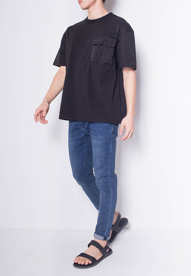 Men Short-Sleeve Woven Flap Pocket Fashion Tee - BLACK - H0M692