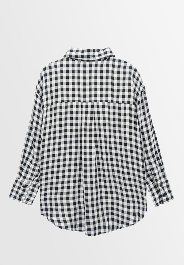 Women Long-Sleeve Grid Blouse - Black - S3W625