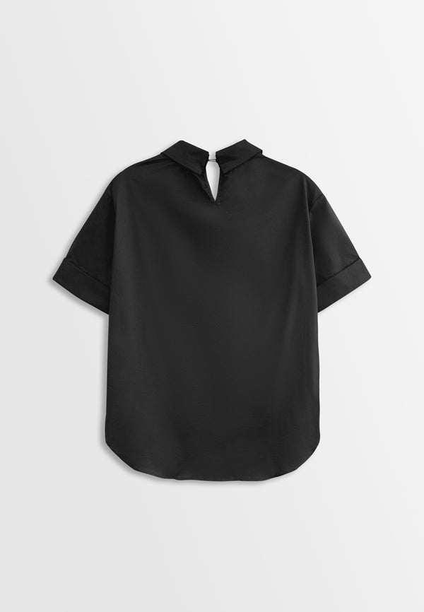 Women Short Sleeve Woven Blouse - Black - H2W431