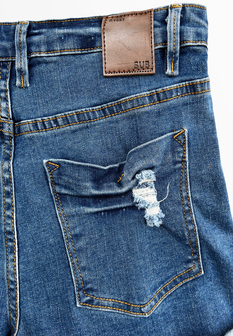 Women Ripped Short Jeans - Dark Blue - H2W503