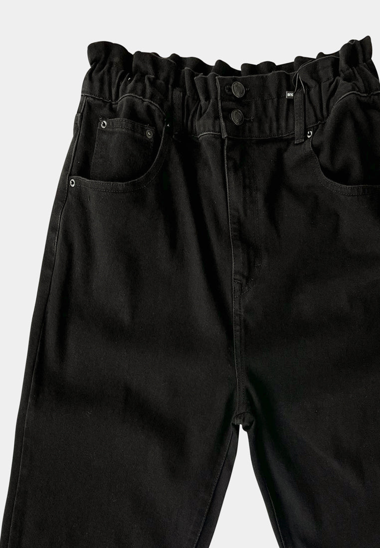Women Rolled Hem Frills High Waist Jeans - Black - F2W372